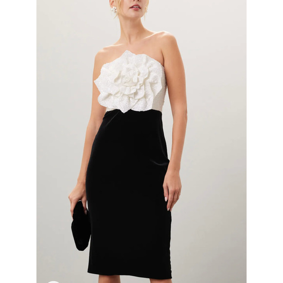 Badgley Mischka Black Velvet Rose Bodice Cocktail Dress SIZE 6 Designer $500 - Picture 1 of 13